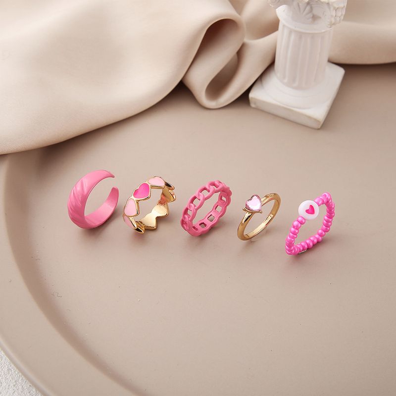 Korean Style Women's Tail Ring Pink Zircon Drop Oil Heart Striped Ring 5-piece Set