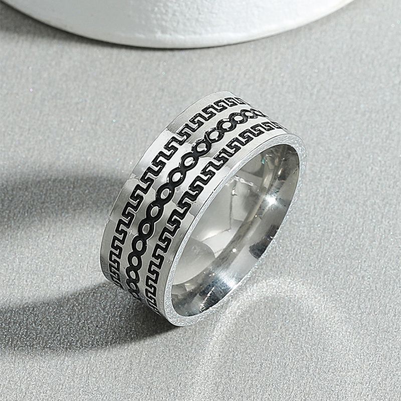 Geometric Silver Black Men's Vintage Titanium Steel Ring