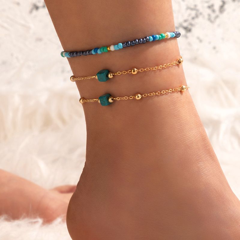Color Beaded Three Layer Anklet Geometric Chain Anklet