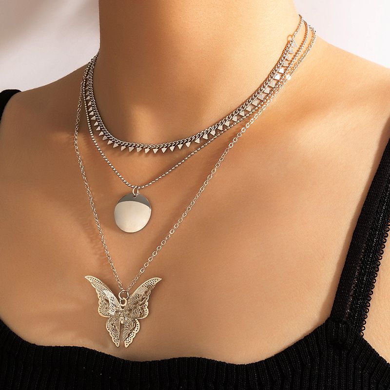 Fashion Jewelry Butterfly Hollow Geometric Disc Multi-layer Necklace