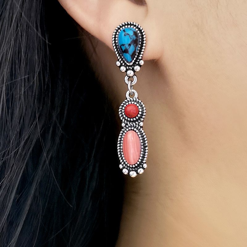 Nouvelles Boucles D&#39;oreilles Ethniques Rétro Corail Rouge Turquoise