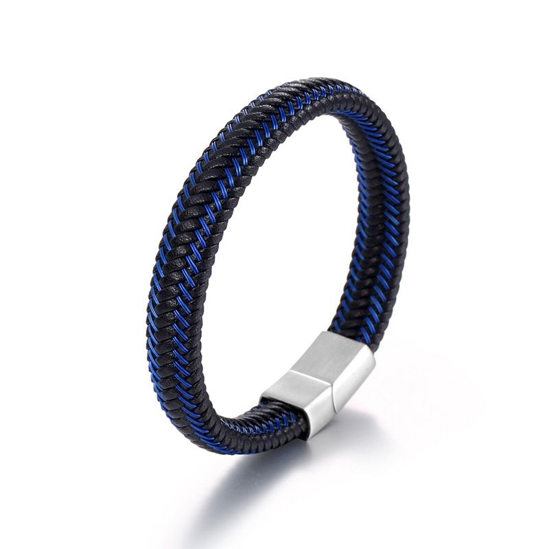 Cuir Bleu Noir Corde À Main En Cuir Boucle En Acier Titane Bracelet En Corde De Cuir Tressé