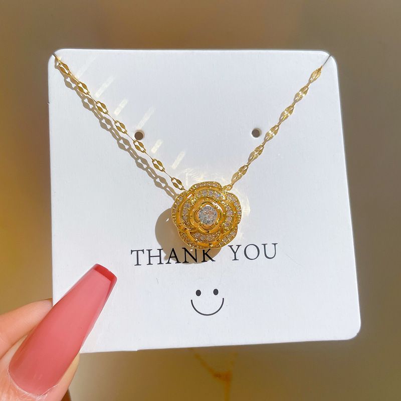 Titanium Steel Camellia Simple Light Luxury Design Micro-inlaid Zircon Pendant Clavicle Chain