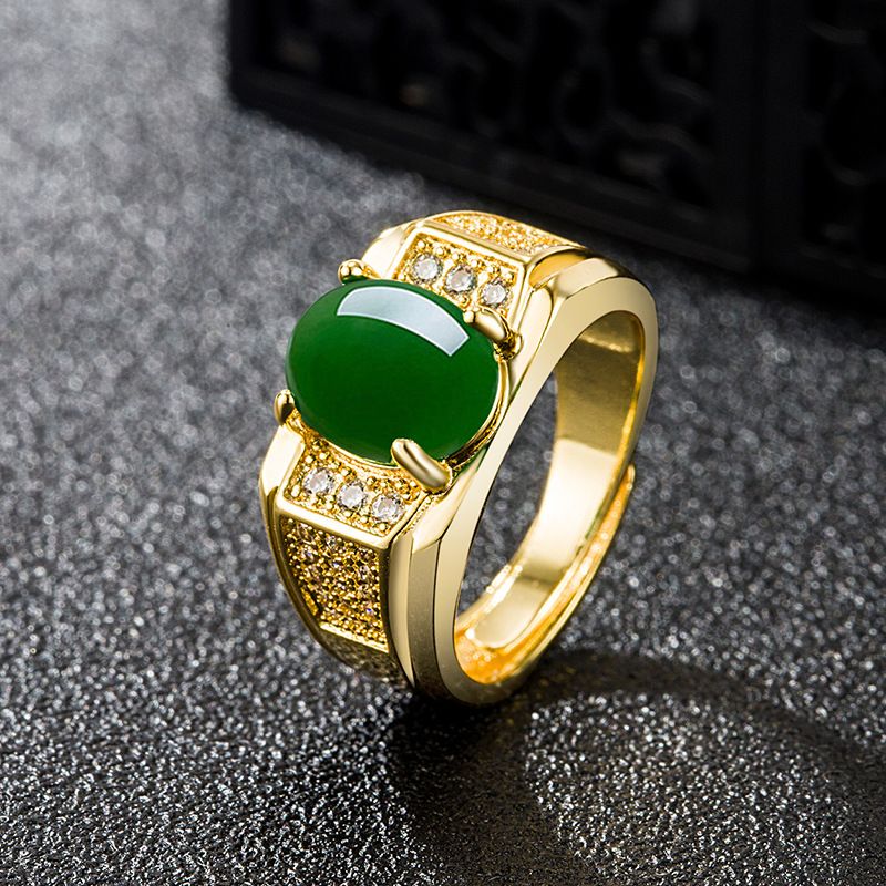 Bague En Cuivre De Style Rétro Ethnique Calcédoine Verte Ovale Pour Hommes