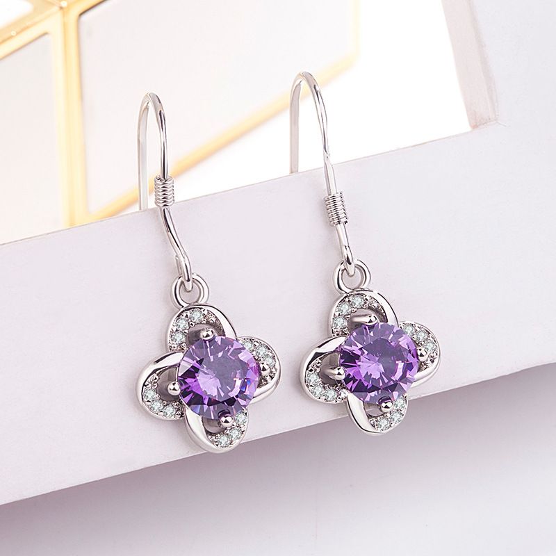 Korean Version Purple Diamond Four-leaf Clover Long Copper Earrings