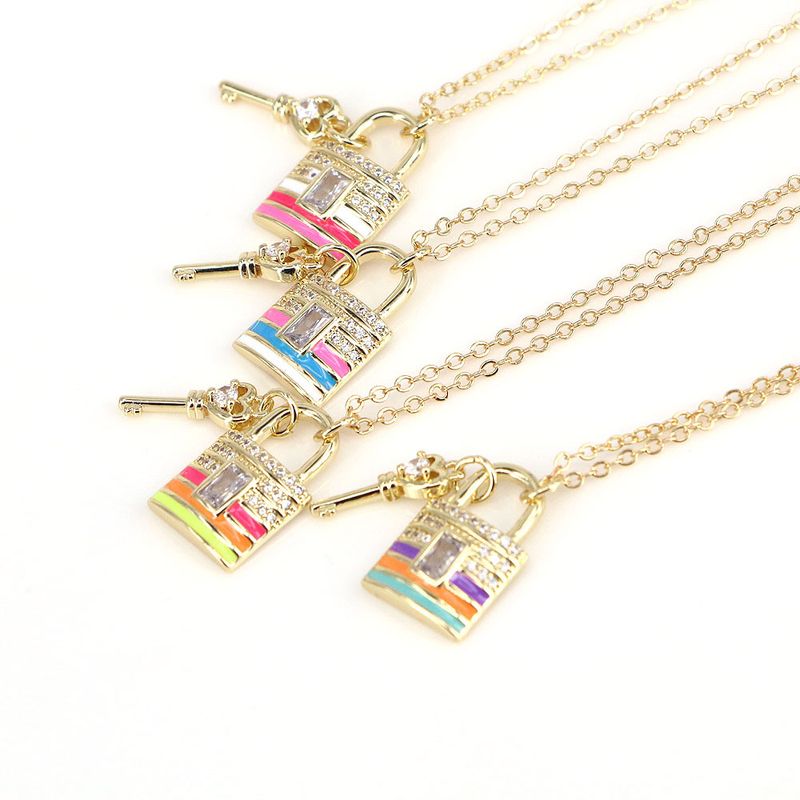 European And American Multicolor Dripping Oil Heart Lock Key Pendant Necklace