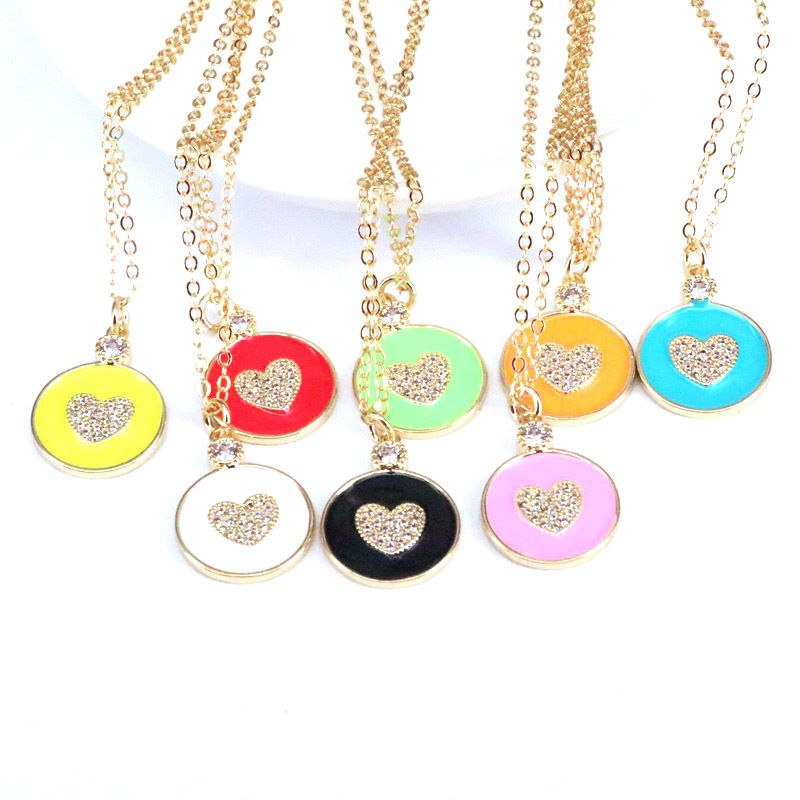 Wholesale Enamel Color Dripping Oil Round Micro Inlaid Zircon Heart Pendant Necklace