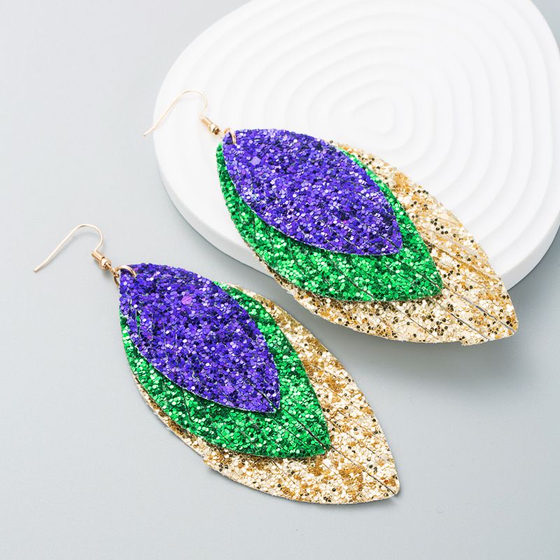 Fashion New Three-layer Pu Leather Shiny Leaf Bohemian Carnival Earrings