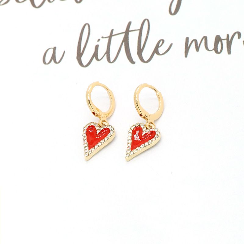 Boucles D&#39;oreilles D&#39;amour Rouge Pêche Mignonnes Rétro Simples Bordées De Strass