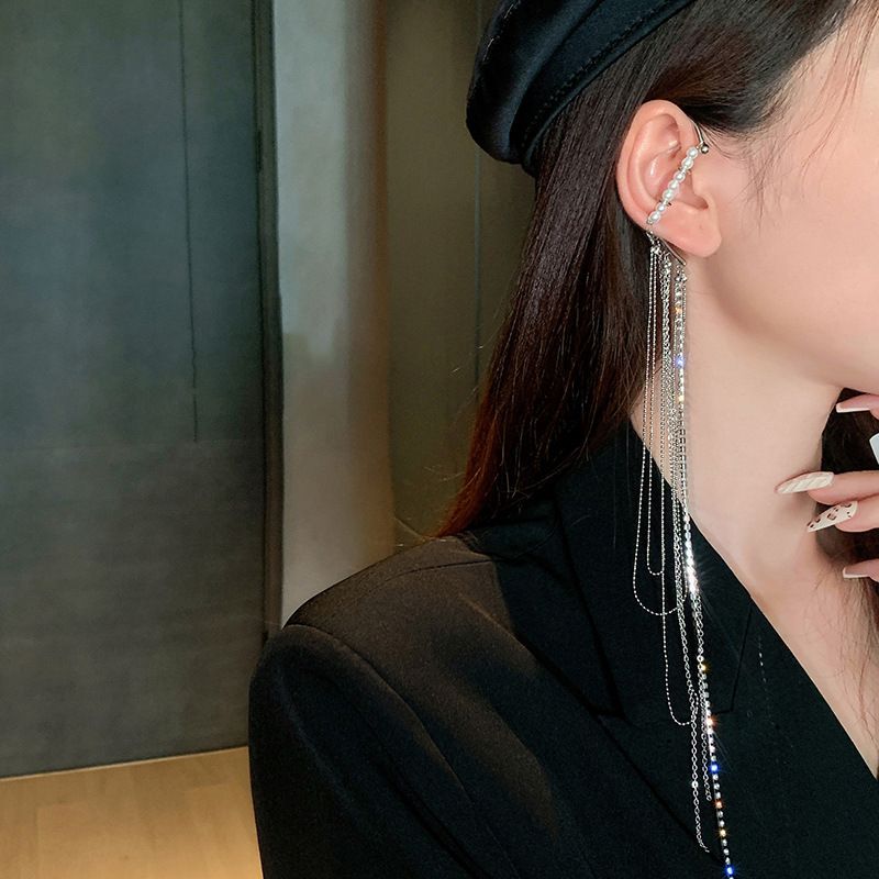 Fashion Inlaid Rhinestone Pearl Long Tassel Simple Earrings