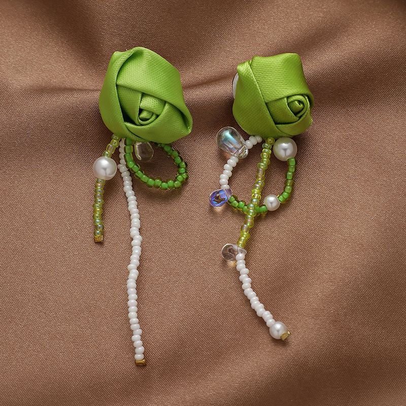 Vintage Green Fabric Flower Rhinestone Pearl Tassel Rose Bud Earrings