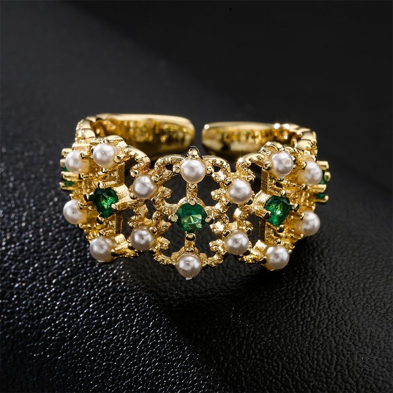 Fashion Real Gold Electroplated Copper Micro-inlaid Zircon Pearl Luxury Golden Open Ring