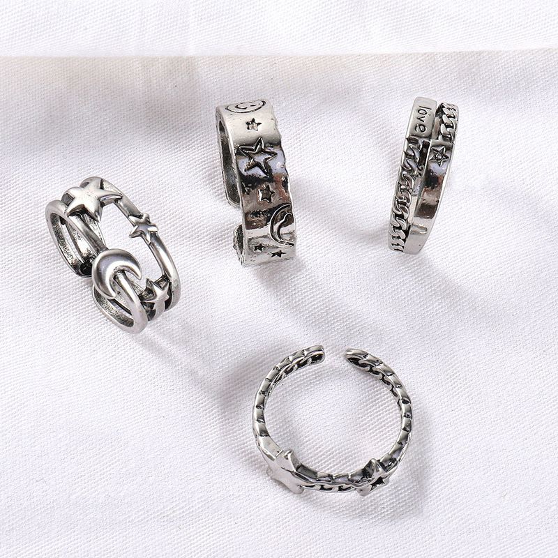 Einfaches Ringset Retro Metall Alter Stern Mond Buchstabenring