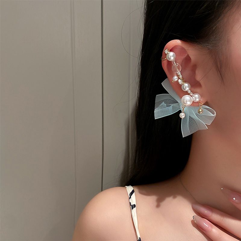 Korean Fashion New Pearl Bow Ear Clip Earrings