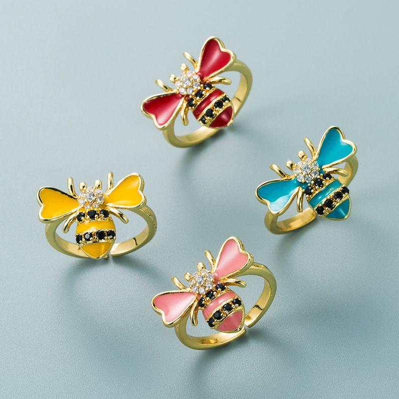 Fashion Copper Plated Gold Inlaid Zircon Bee Ring Simple Creative Color Drop Oil Open Ring