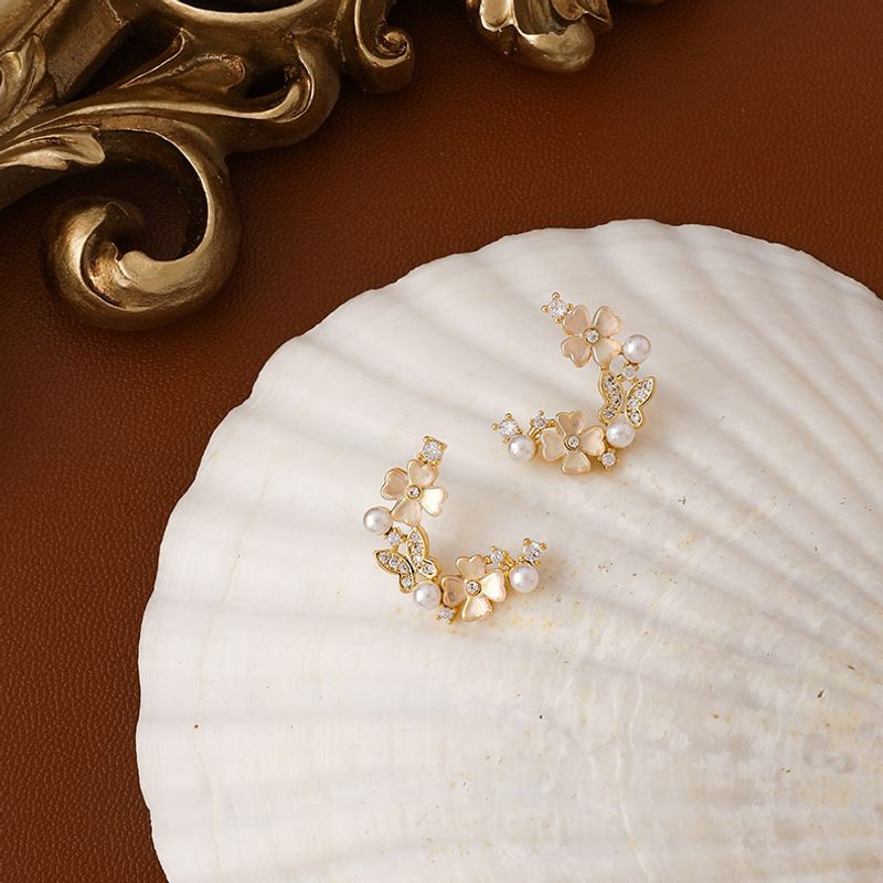 Fashion Micro-inlaid Zircon Delicate Butterfly Shell Flower Simple Earring