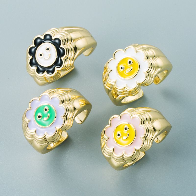 Fashion Copper Gold-plated Color Drip Oil Ring Sunflower Smiley Shape Open Ring