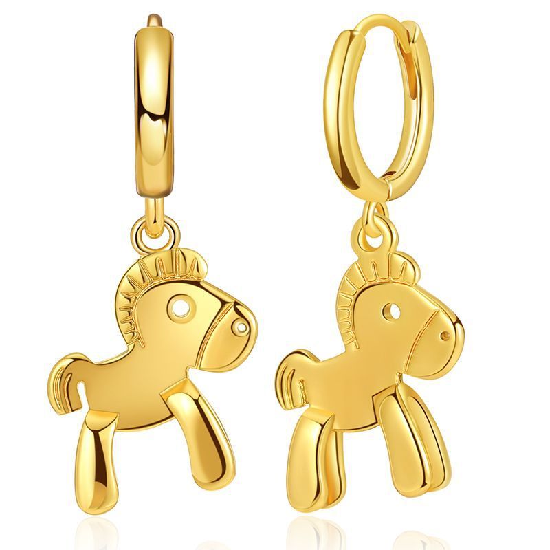 Three-dimensional Carousel Horse Pendant Earrings18k Gold Cute Small Animal Copper Earrings
