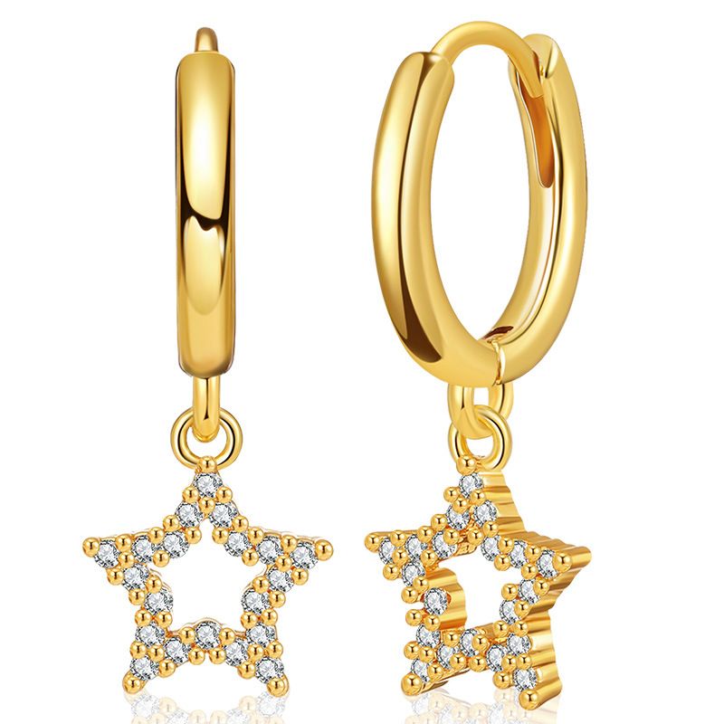 Copper-plated 18k Gold Earrings Hollow Five-pointed Star Design Earrings Micro-inlaid Zircon Earrings