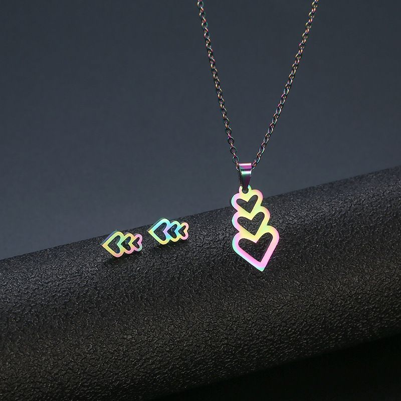 Fashion Colorful Heart-shaped Stainless Steel Necklace And Earring Set