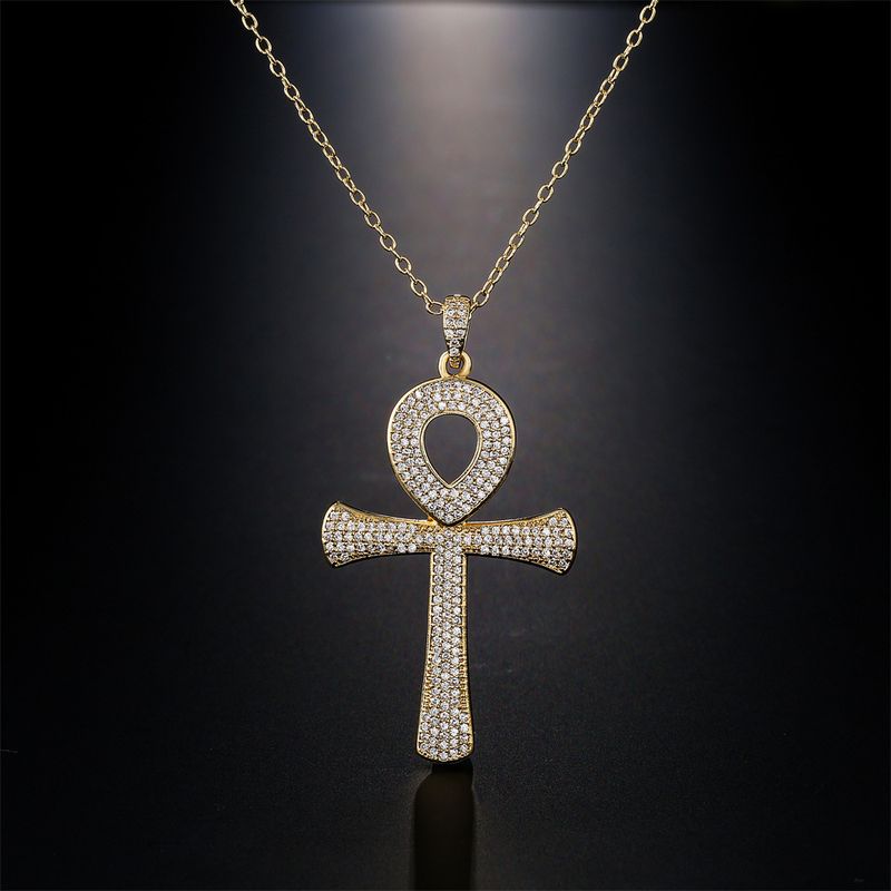 Retro Fashion Anka Cross Pendant Copper Plated Real Gold Zircon Necklace Religious Jewelry