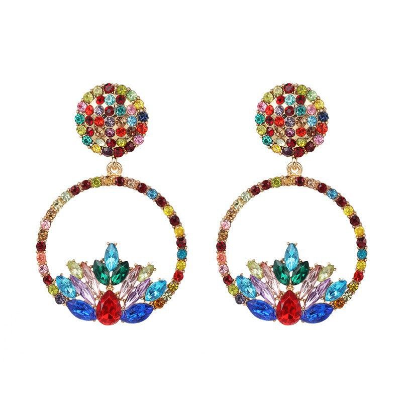 New European And American Creative Simple Geometric Round Color Diamond Earrings