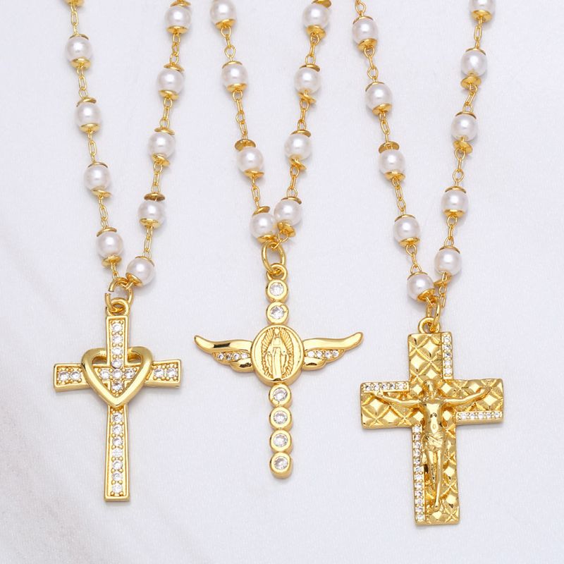 Neue Persönlichkeit Jungfrau Jesus Kreuz Halskette Feminine Perle Kupfer Schlüsselbeinkette