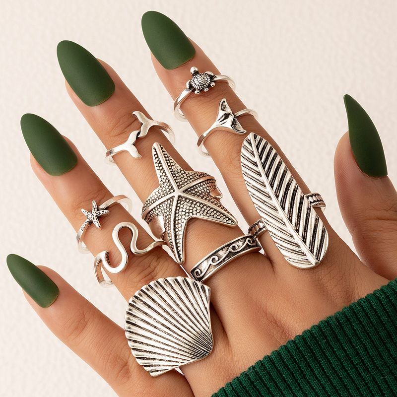 Vintage Jewelry Starfish Shell Ring Set Fishtail Feather Ring Nine-piece Set