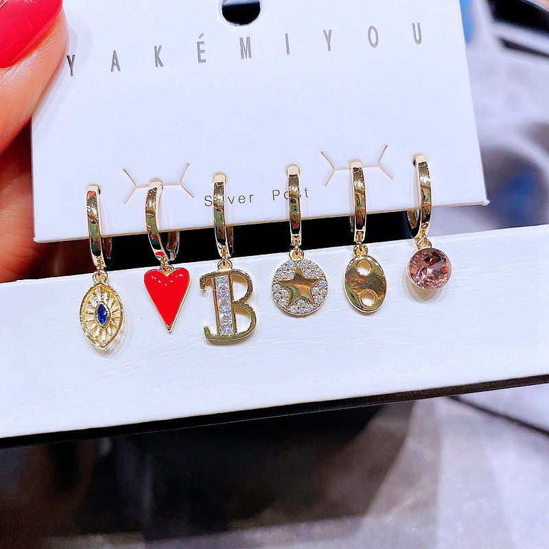 Copper Fashion Zircon Letters Star Love Ear Buckle 6-piece Earrings Set