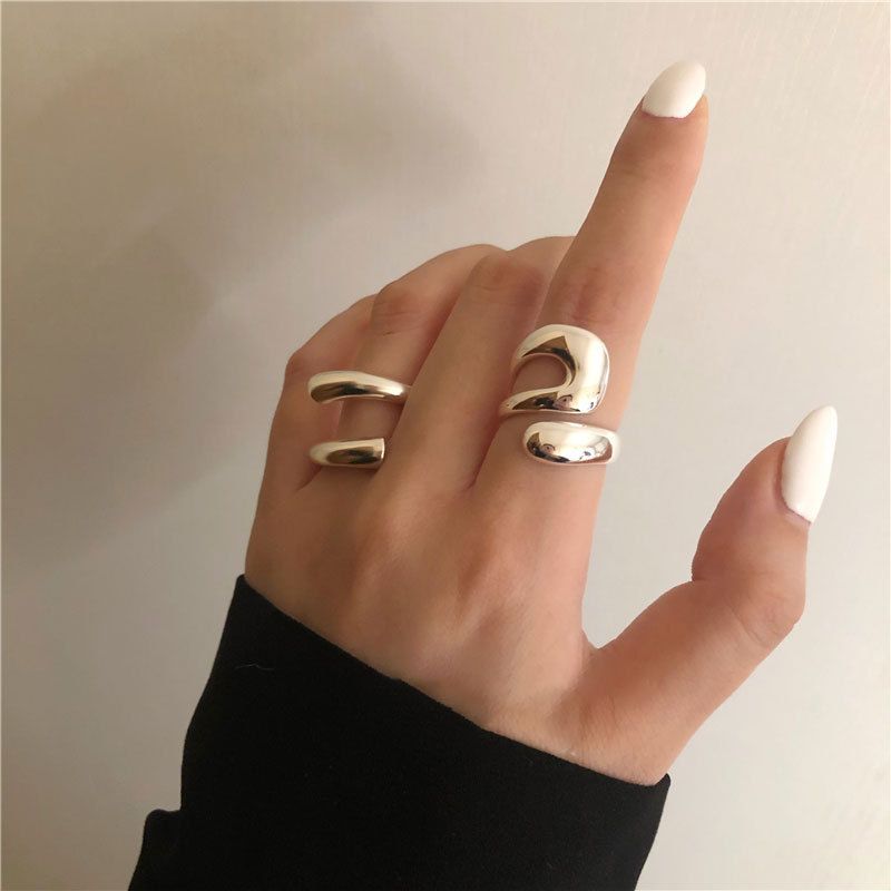 Fashion Double-layer Hollow Niche Design Staggered Irregular Curve Opening Copper Ring