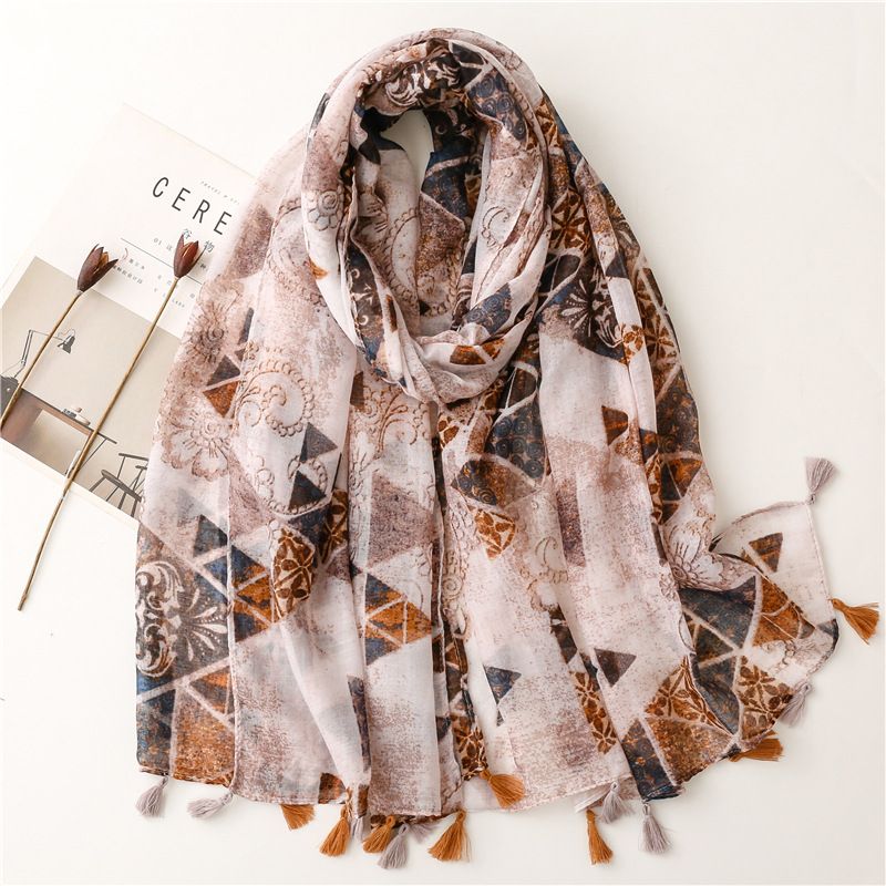 Yarn Cotton Linen Scarf Caramel Contrast Color Carving Floral Tassel Scarf Shawl