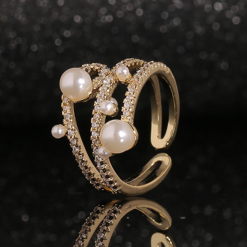 New Fashion Hand Jewelry Geometric Multilayer Pearl Ring Copper Plated Gold Inlaid Zircon Ring