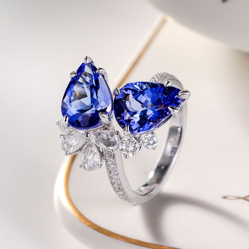 Neuer Doppel-diamant-tansanit Blauer Tropfen Birnenförmiger Rings Imulation Saphir Kupfer Offener Ring