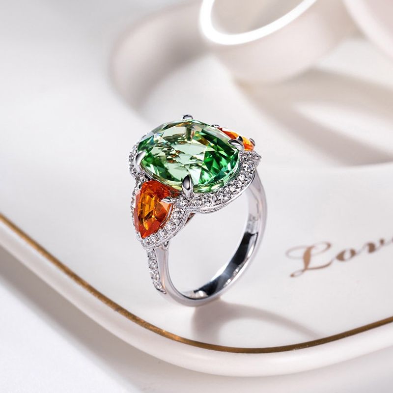 New Green Tourmaline Ring Shining Bright Orange Red Fanta Stone Inlaid Open Copper Ring