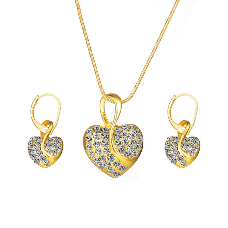 Bijoux Simples Créatifs Pour Femmes 18k Point Diamond Peach Heart Collier Et Boucles D&#39;oreilles
