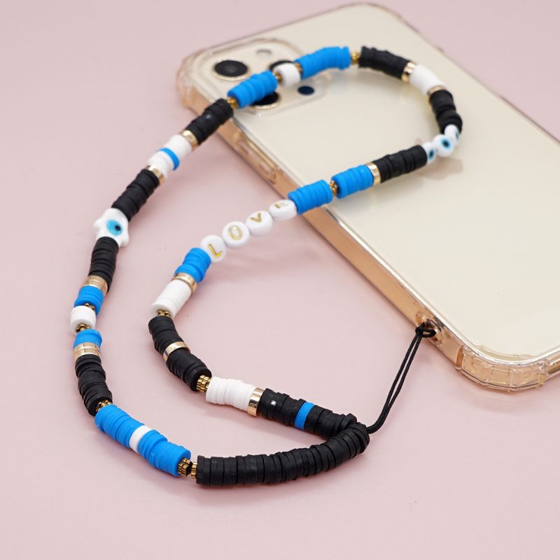 Bohemian Blue Mobile Phone Chain Ceramic Glaze Color Black Round Beads Anti-lost Mobile Phone Lanyard