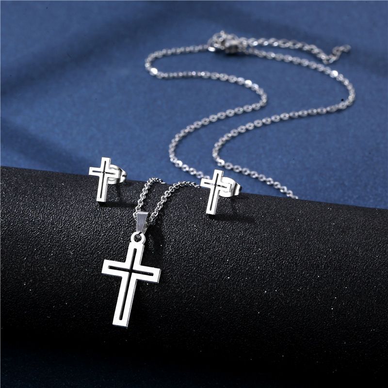 Simple Fashion Titanium Steel Hollow Cross Earrings Necklace Set
