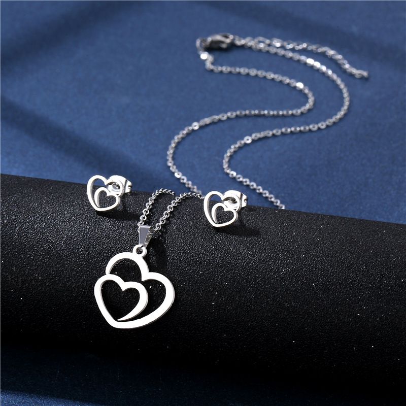 Simple Hollow Heart Stainless Steel Necklace Earring Set Jewelry Wholesale