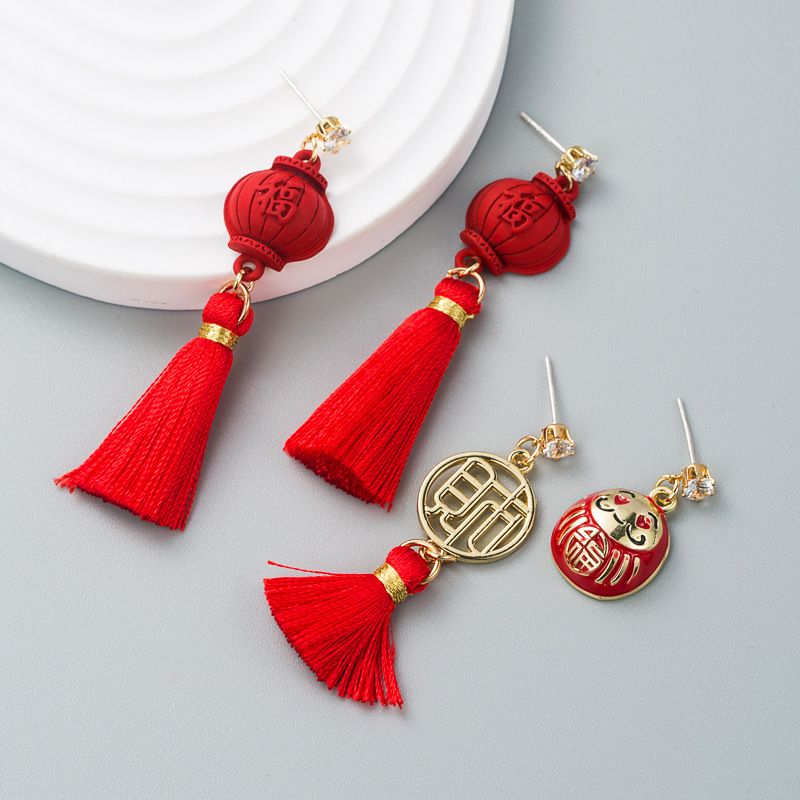 Chinese Red Alloy Diamond Long Tassel Earrings Simple Festive Drop Earring