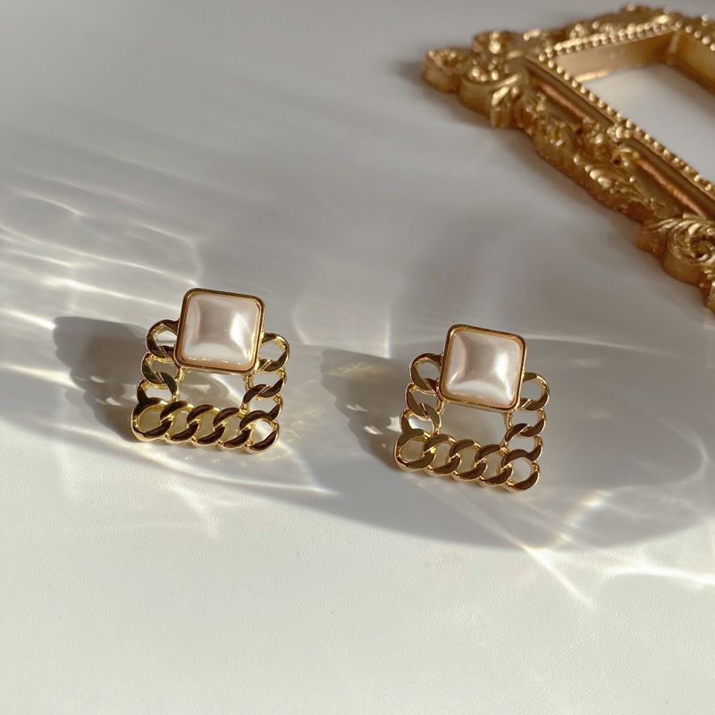 Korean Style Fashion Chain Geometric Square Earrings Pearl Earrings