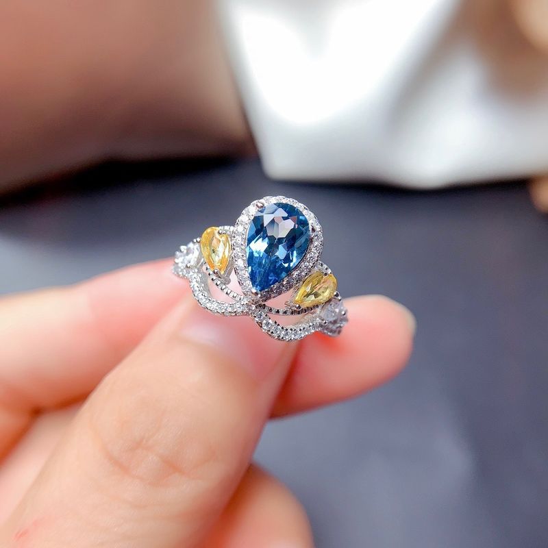 Bague En Cuivre Simulation Natural London Blue Topaze Bague Couronne Bicolore Femme