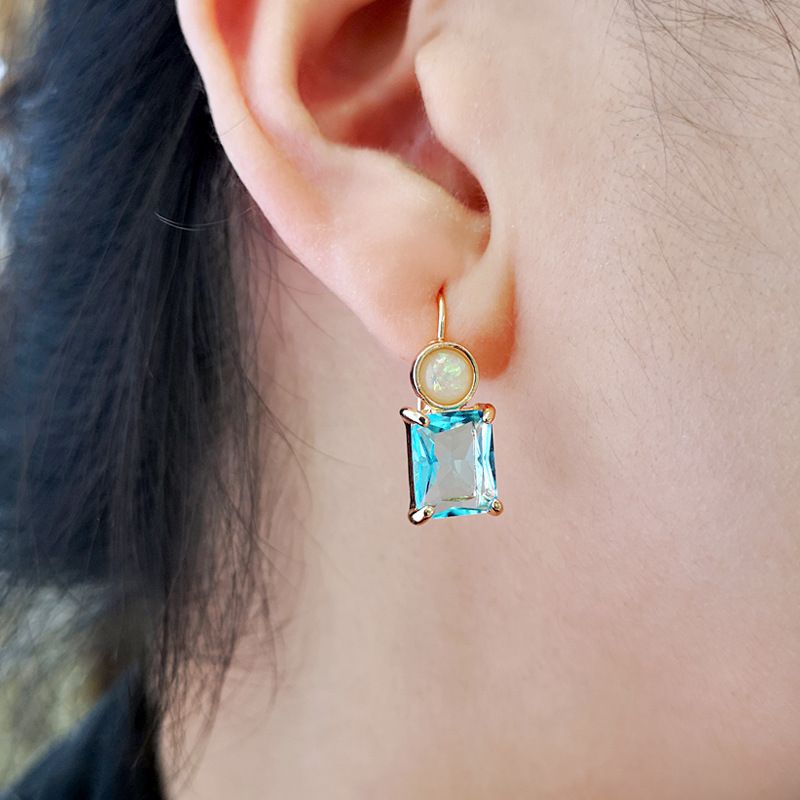 Korean Blue Topaz Earrings Simple Square Champagne Zircon Earrings Opal Earrings