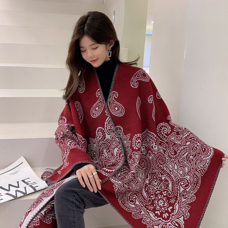 Ethnic Slit Scarf Cashew Thickened Warmth Double-sided Cape