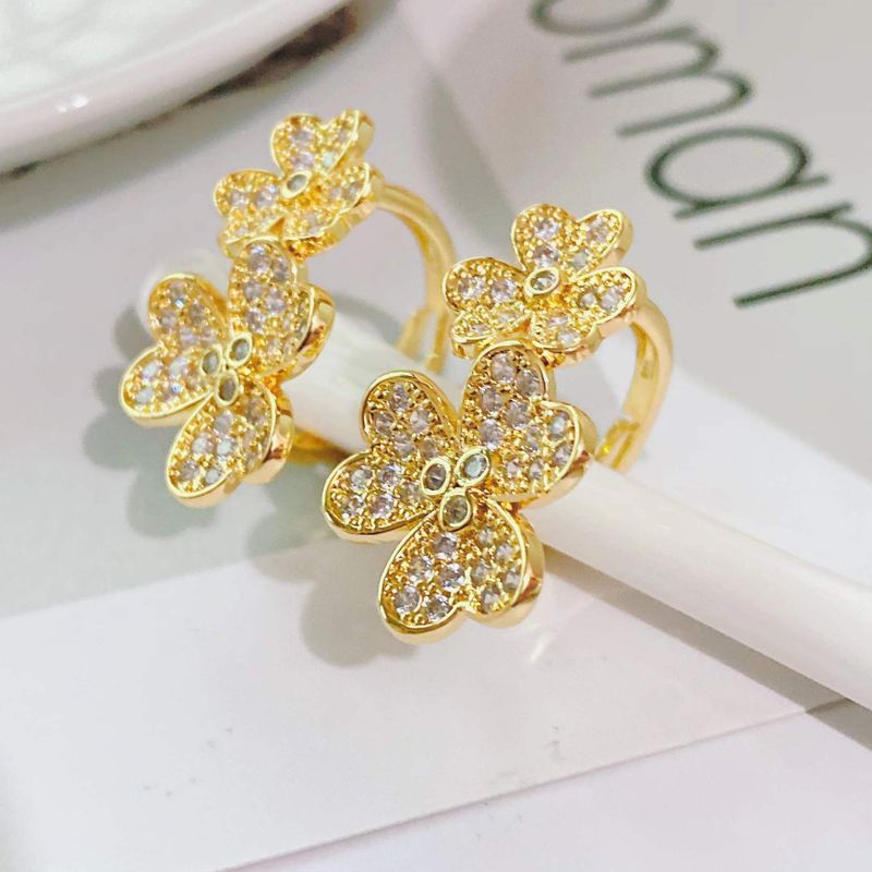 European And American Fashion Trend Ring 18k Gold Plated With Zircon Four-leaf Clover Ring