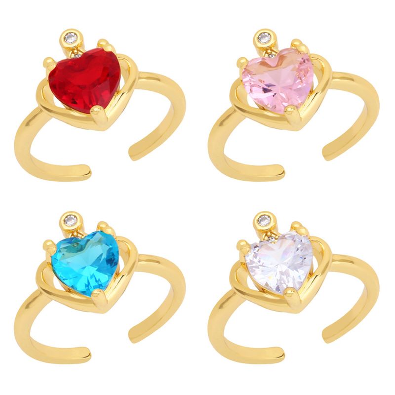 Retro Heart-shaped Ring Inlaid Zircon Crown Copper Open Ring