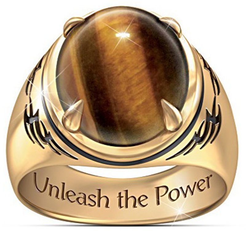 Plated 24k Gold Natural Real Tiger's Eye Ring Etched Tribal Tattoo Style Men's Ring