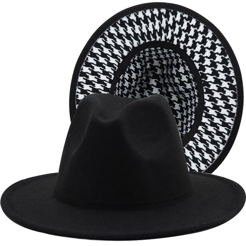 New Style Houndstooth Woolen Hat Fashion Jazz Hat Wide Brim Top Hat