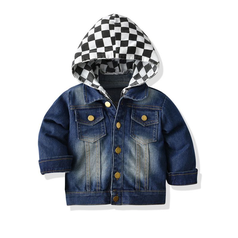 New Children's Denim Checkerboard Hooded Blue Cotton Denim Long-sleeved Jacket