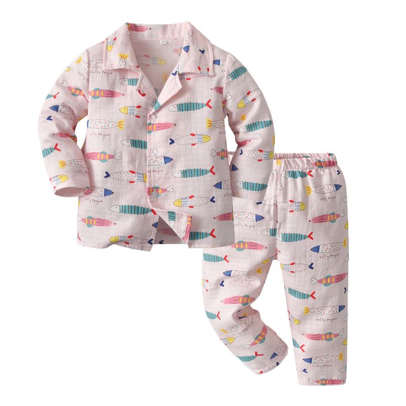 Autumn Long-sleeved Cartoon Printed Double-sided Yarn Baby Cotton Pajamas Set