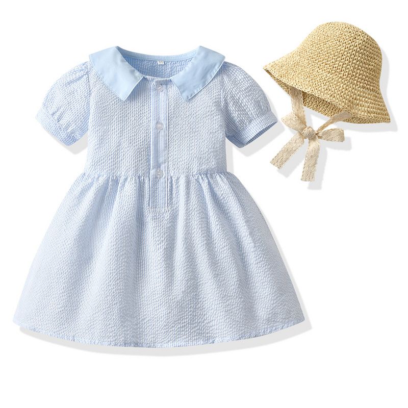 Princess Bubble Short-sleeved Cotton Dress Sunshade Lace Straw Hat Two-piece